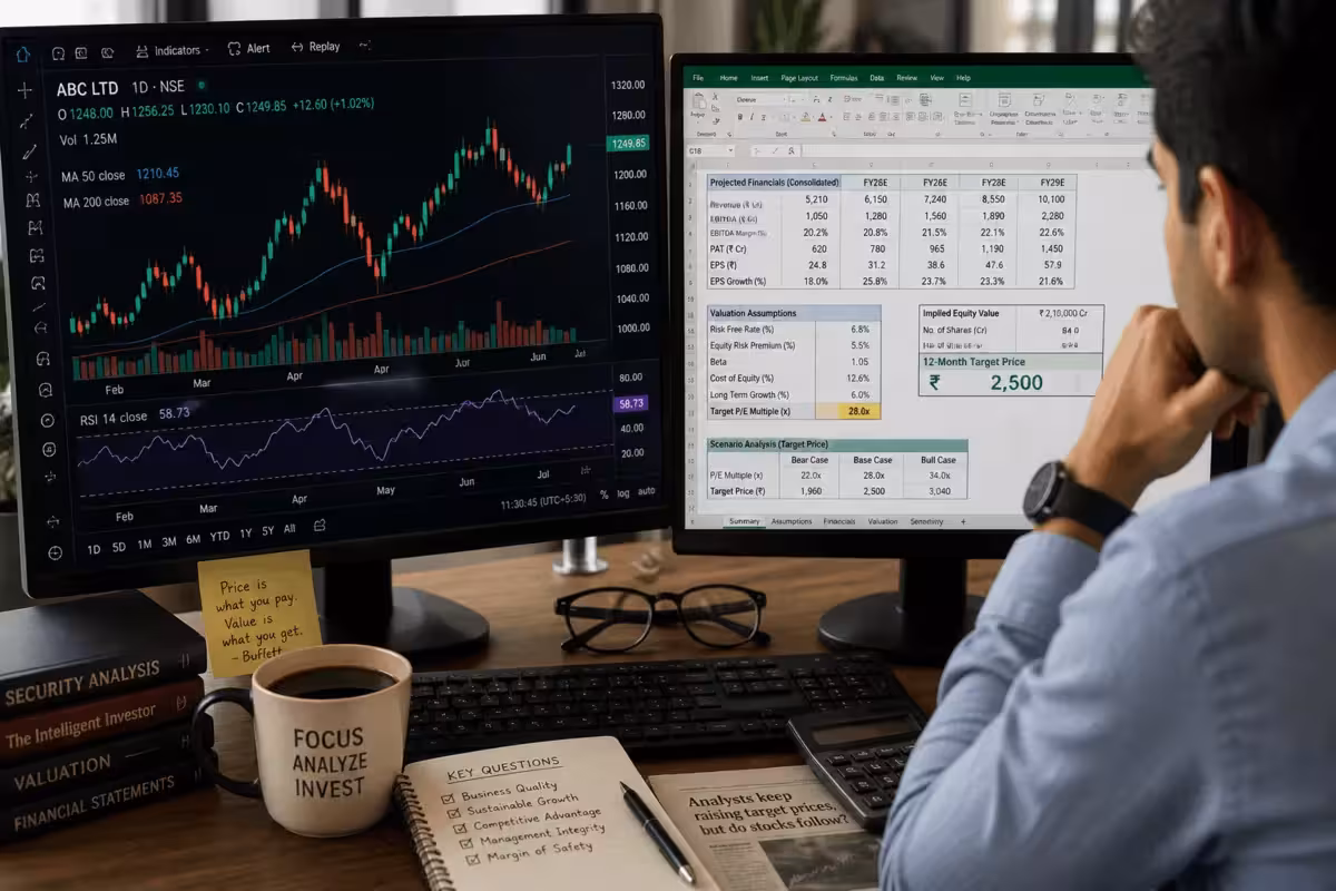 Analyst reviewing stock price targets on a technical analysis chart