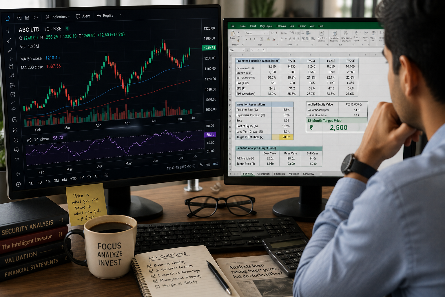 Analyst reviewing stock price targets on a technical analysis chart