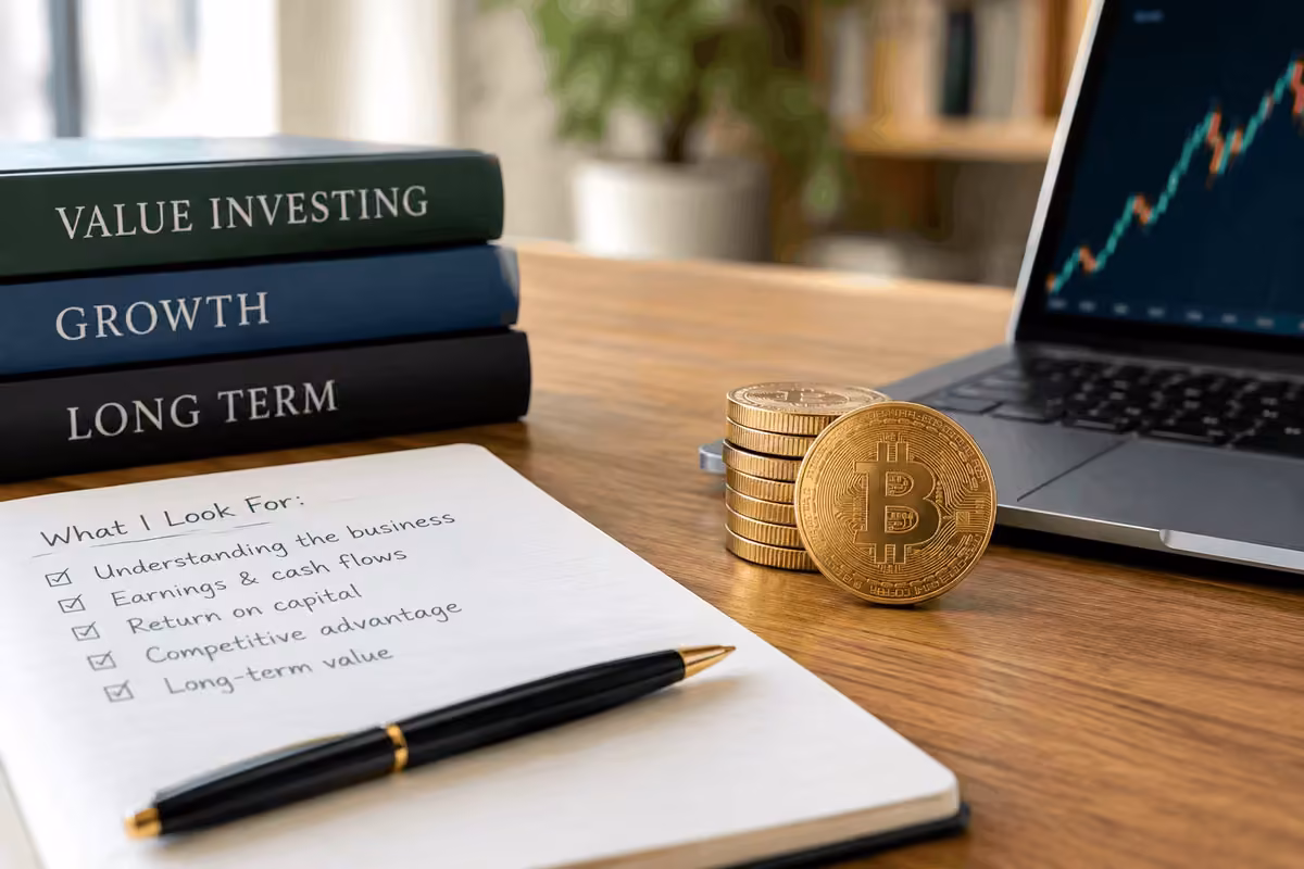 Bitcoin tokens beside a long-term investment checklist showing what lacks in cryptocurrencies, and a laptop displaying a cryptocurrency price chart.